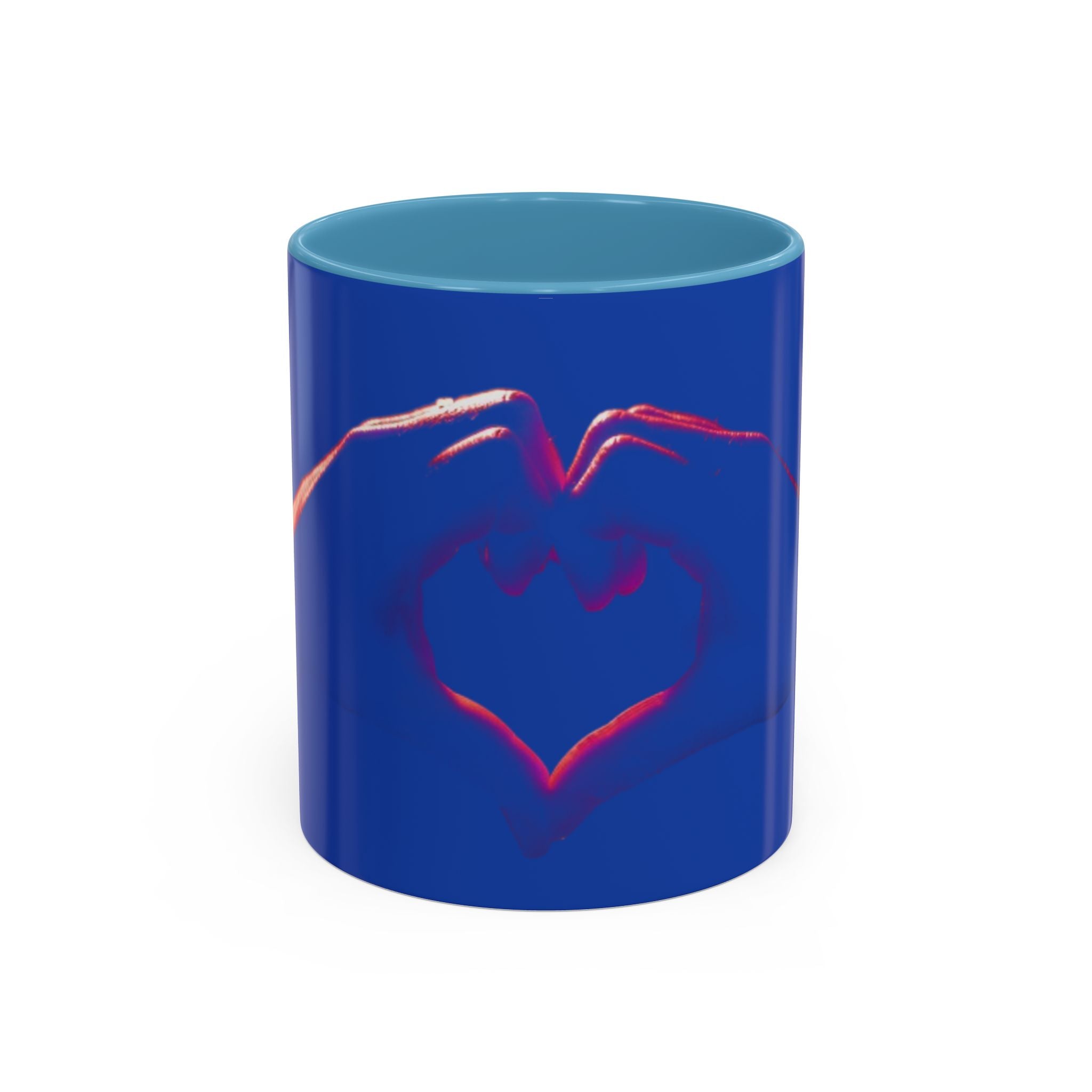 Blue Accent Coffee Mug with Neon Heart Hands Design — 11/15oz