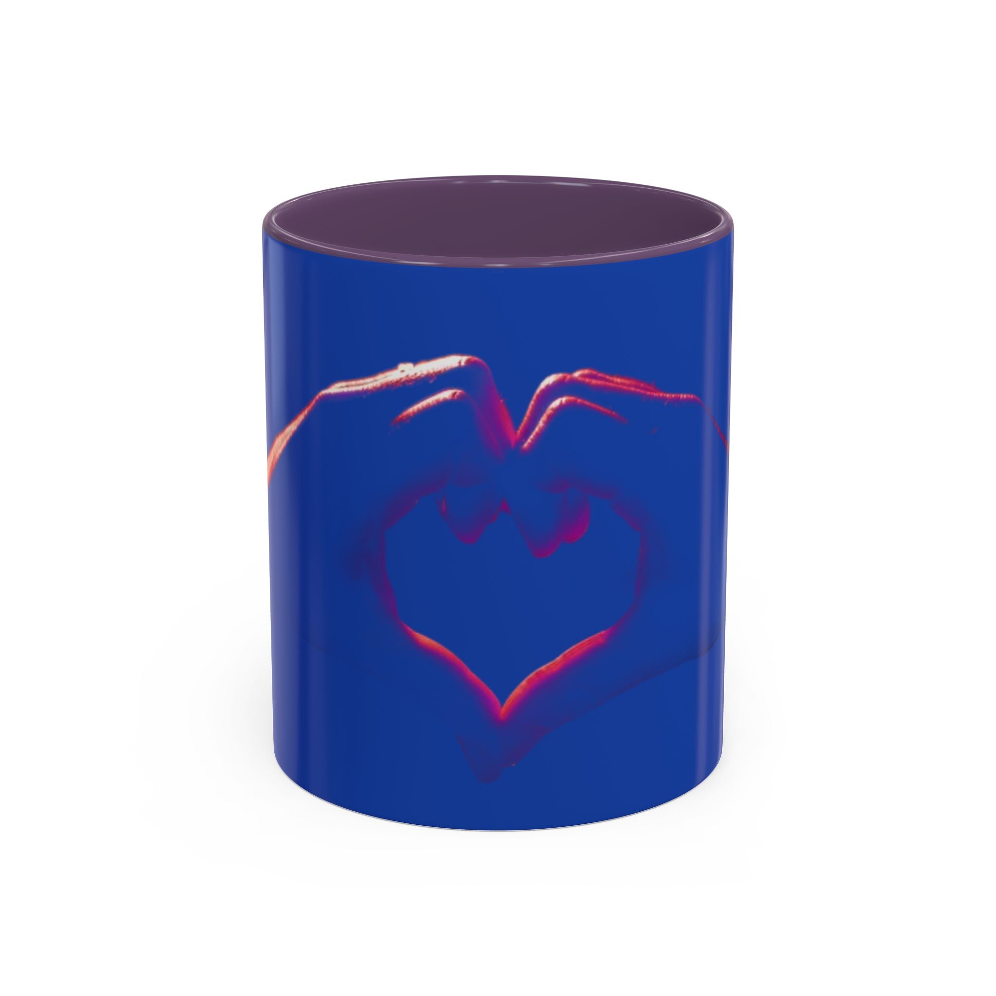 Blue Accent Coffee Mug with Neon Heart Hands Design — 11/15oz