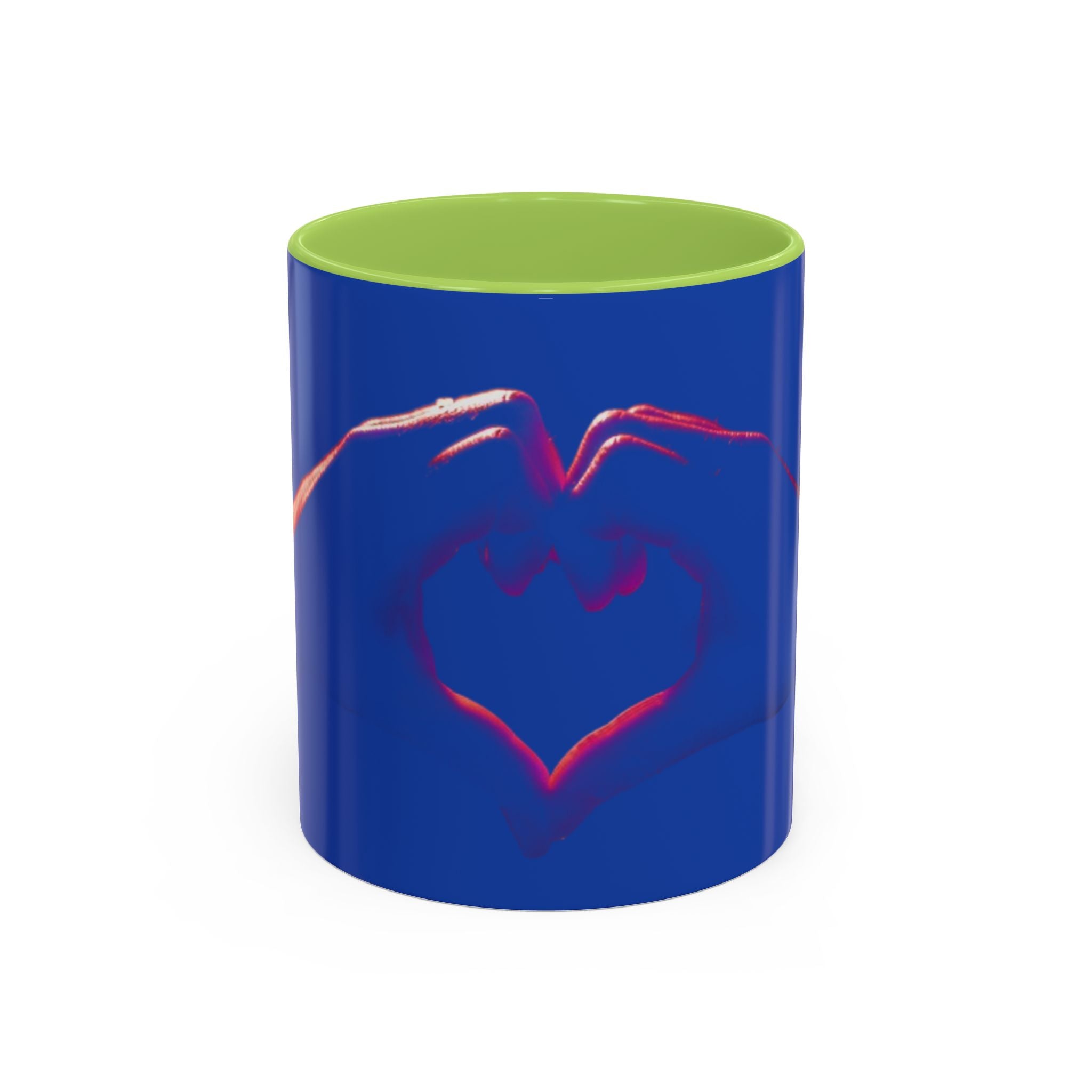 Blue Accent Coffee Mug with Neon Heart Hands Design — 11/15oz