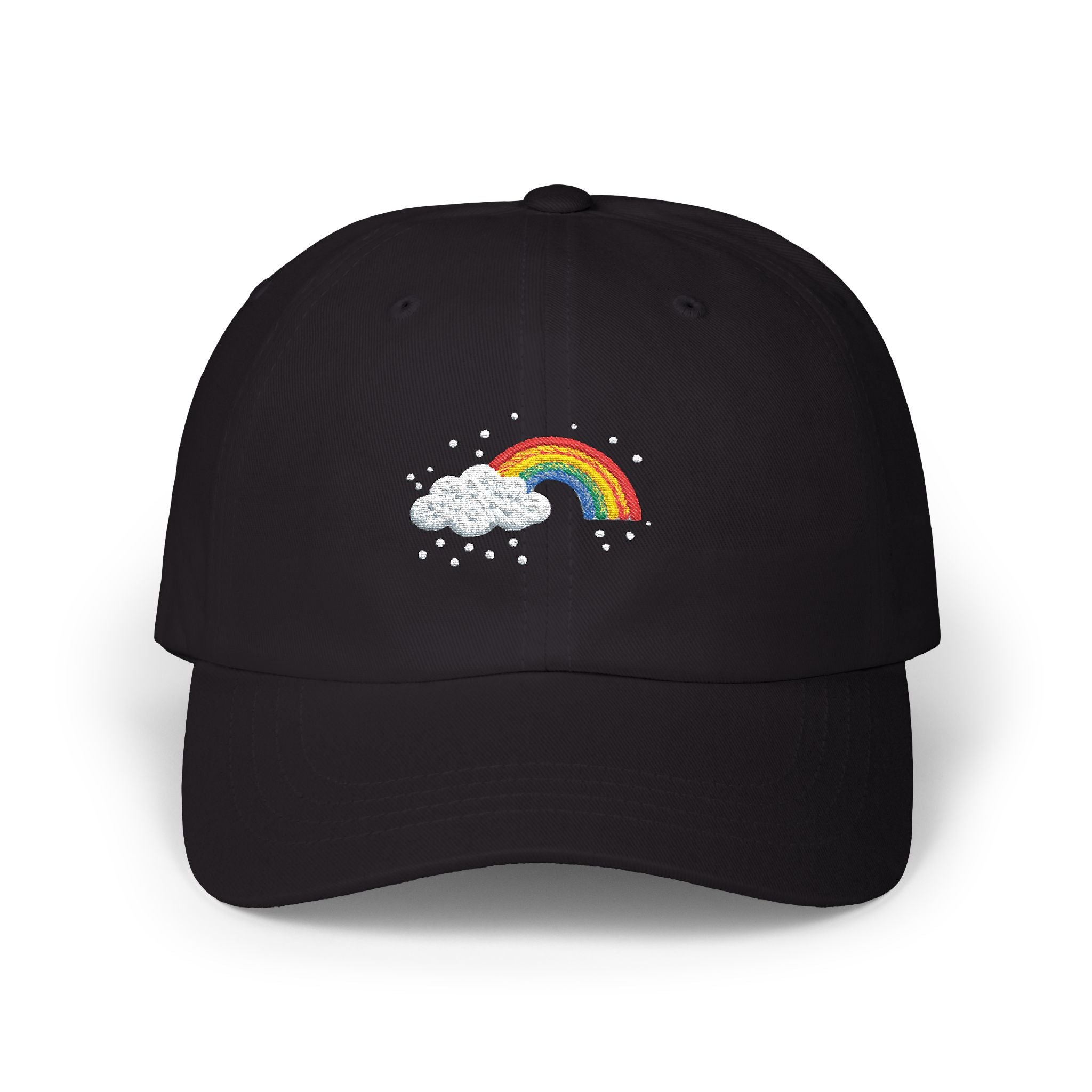 White Cap with Rainbow & Cloud Embroidery — Cute Casual Baseball Hat