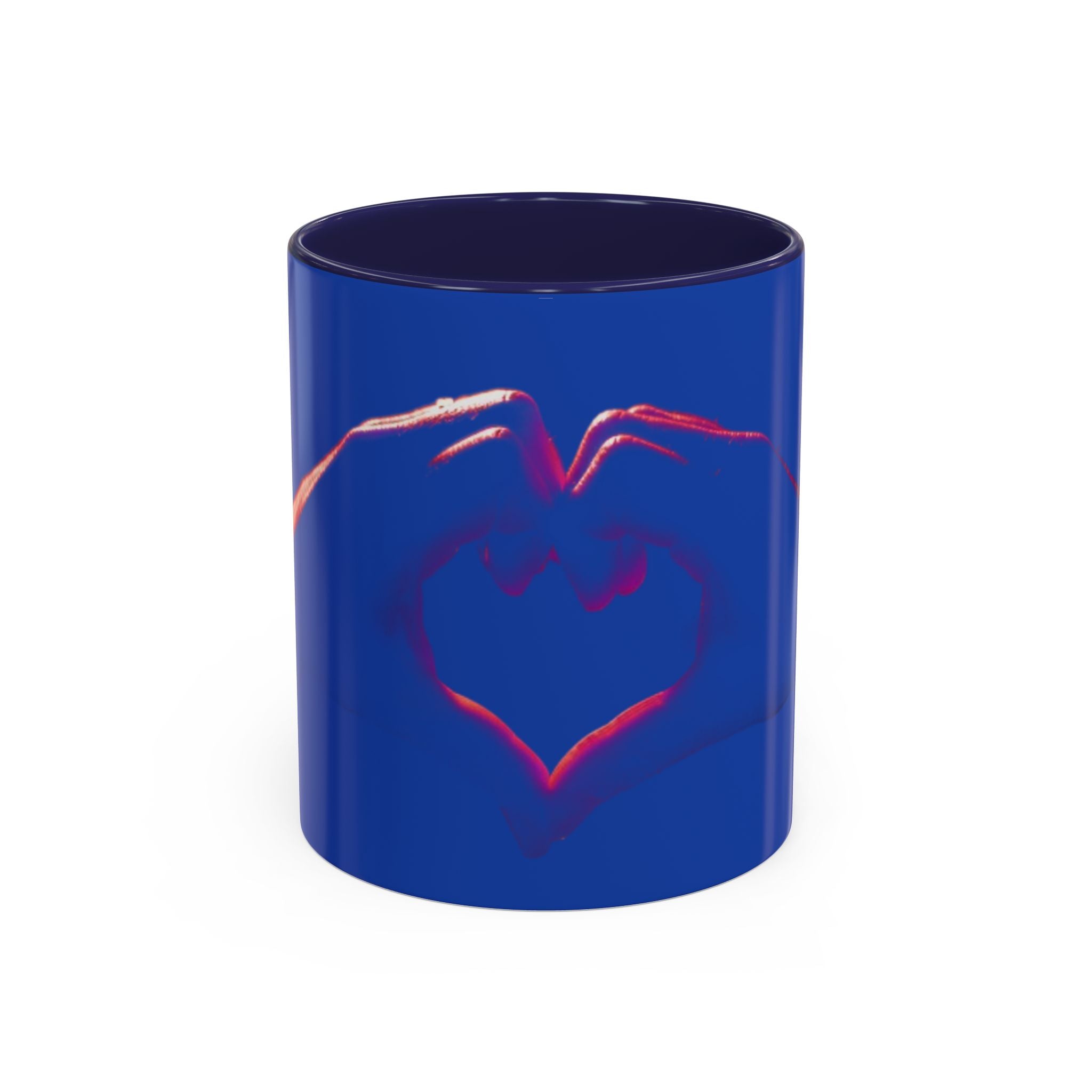 Blue Accent Coffee Mug with Neon Heart Hands Design — 11/15oz