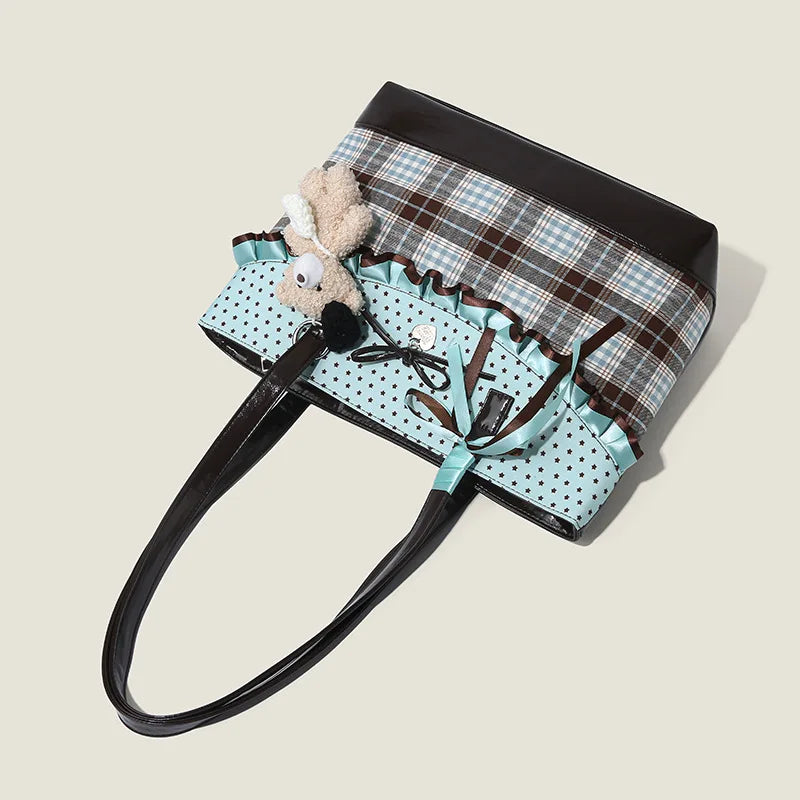 Korean Mint Green Chocolate Color Patchwork Handbag Plaid Canvas