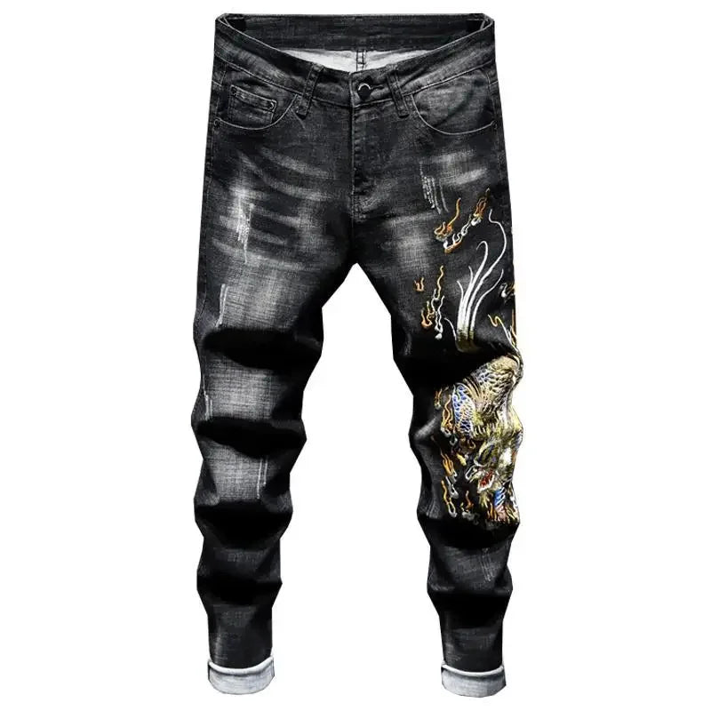 Jeans for Men Cropped Trousers with Print Black Hip Hop Graphic Male Cowboy Pants 90s Streetwear Xs New in Oversize Aesthetic