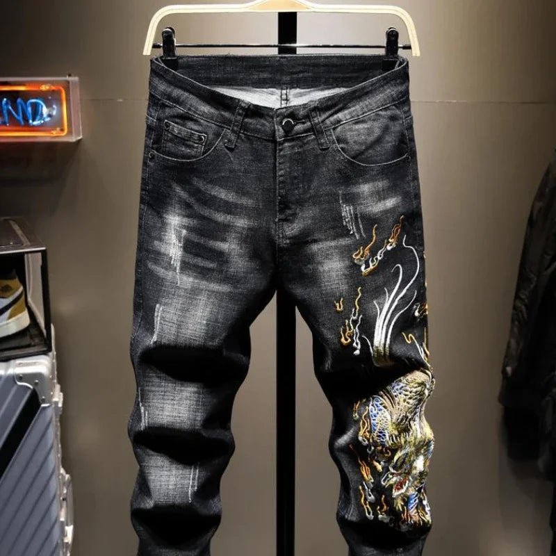 Jeans for Men Cropped Trousers with Print Black Hip Hop Graphic Male Cowboy Pants 90s Streetwear Xs New in Oversize Aesthetic