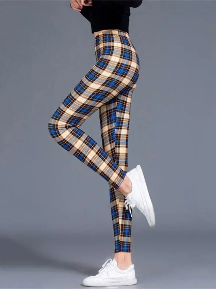 Women's Sexy Plaid Slim Leggings High Waist Elastic Fitness Camouflage Workout Fashion