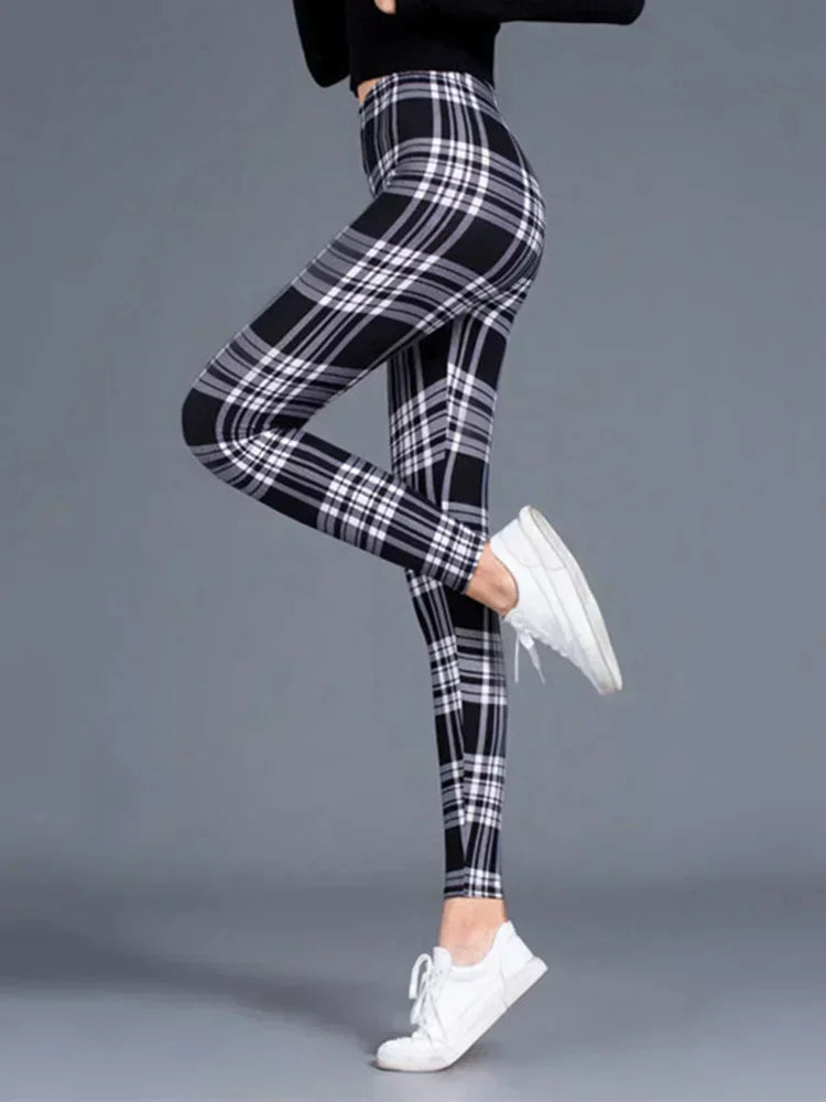 Women's Sexy Plaid Slim Leggings High Waist Elastic Fitness Camouflage Workout Fashion