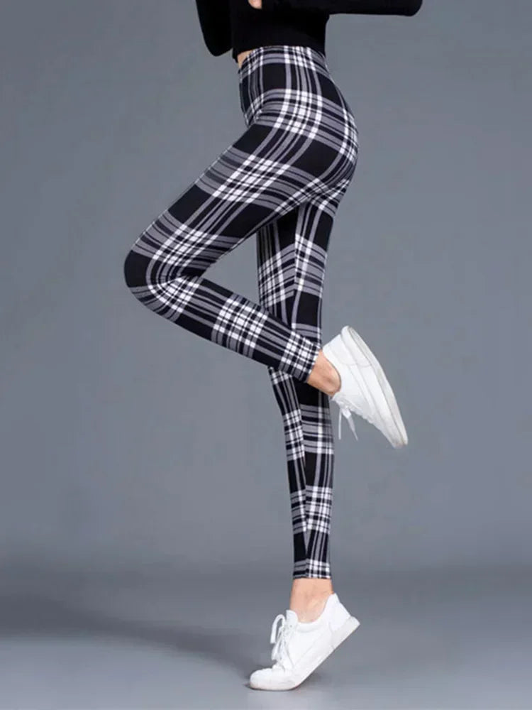Women's Sexy Plaid Slim Leggings High Waist Elastic Fitness Camouflage Workout Fashion