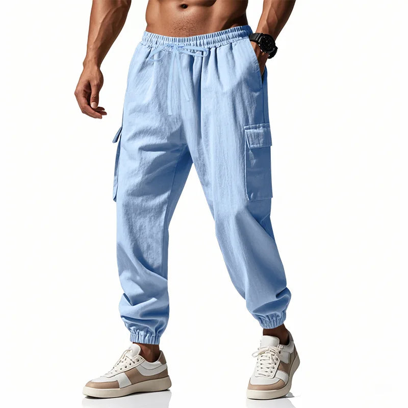 Men's casual multi-pocket trousers male closed-placket tethered cotton and linen