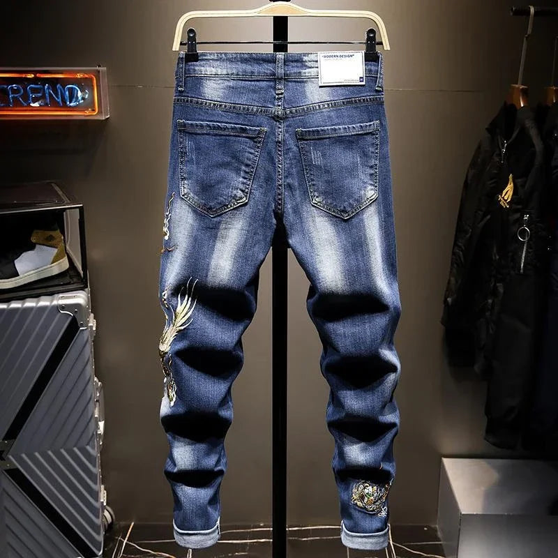 Jeans for Men Cropped Trousers with Print Black Hip Hop Graphic Male Cowboy Pants 90s Streetwear Xs New in Oversize Aesthetic