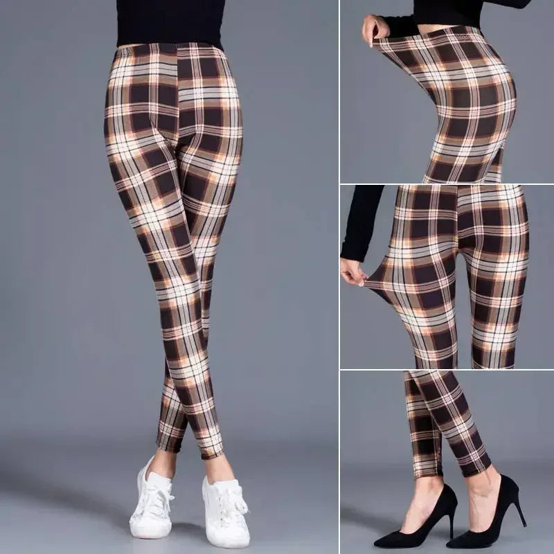Women's Sexy Plaid Slim Leggings High Waist Elastic Fitness Camouflage Workout Fashion
