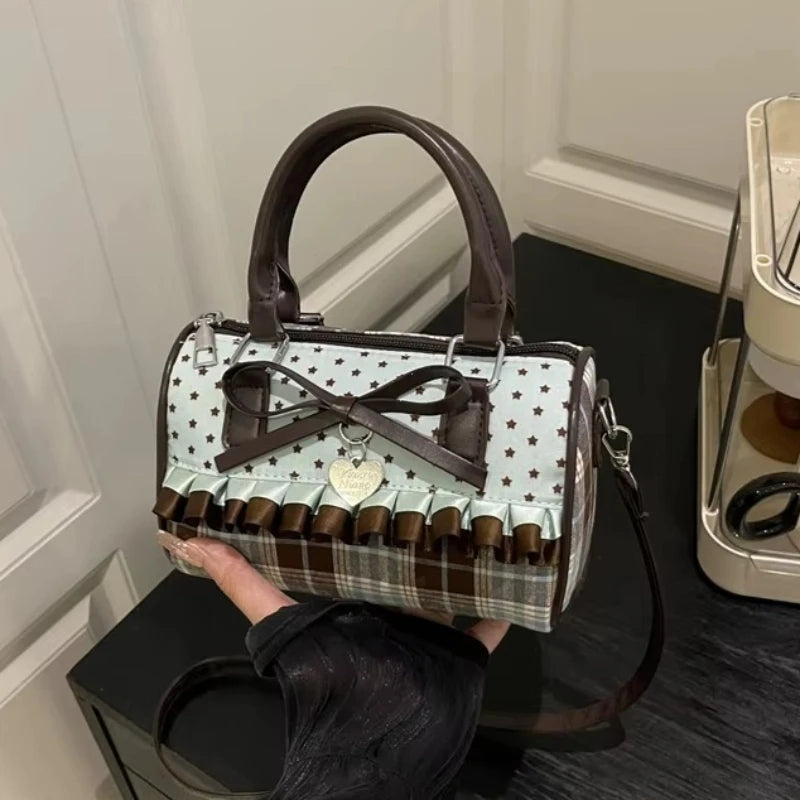 Korean Mint Green Chocolate Color Patchwork Handbag Plaid Canvas