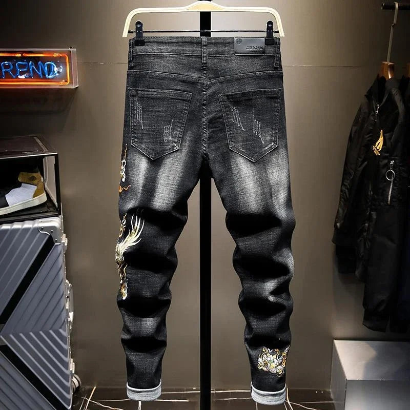 Jeans for Men Cropped Trousers with Print Black Hip Hop Graphic Male Cowboy Pants 90s Streetwear Xs New in Oversize Aesthetic