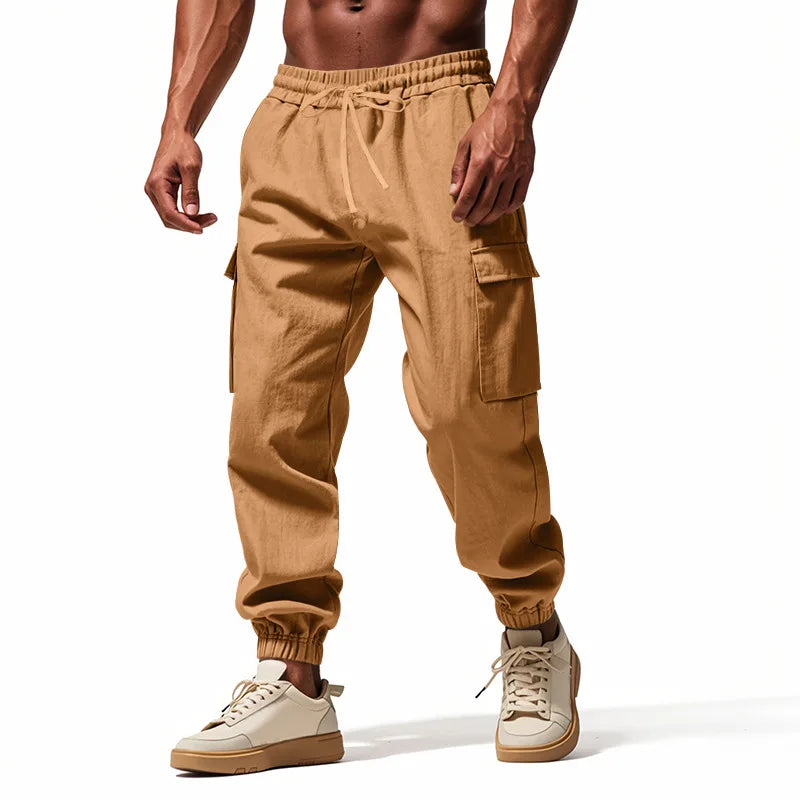 Men's casual multi-pocket trousers male closed-placket tethered cotton and linen