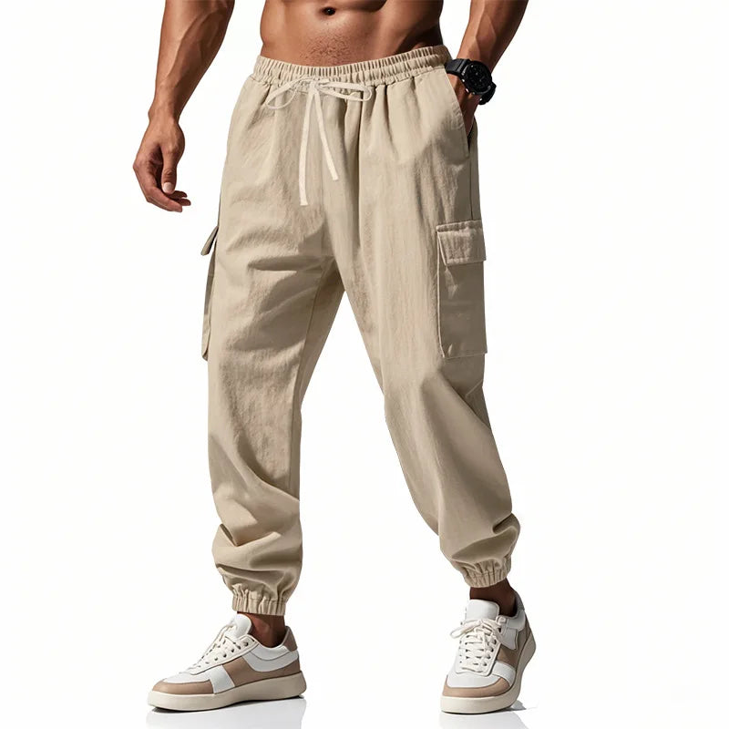 Men's casual multi-pocket trousers male closed-placket tethered cotton and linen
