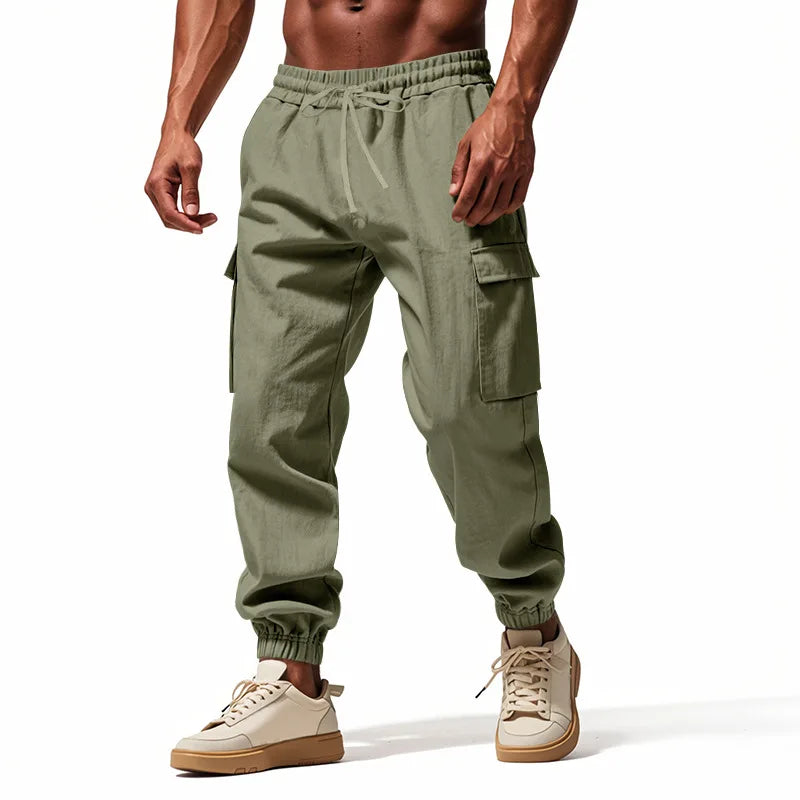 Men's casual multi-pocket trousers male closed-placket tethered cotton and linen