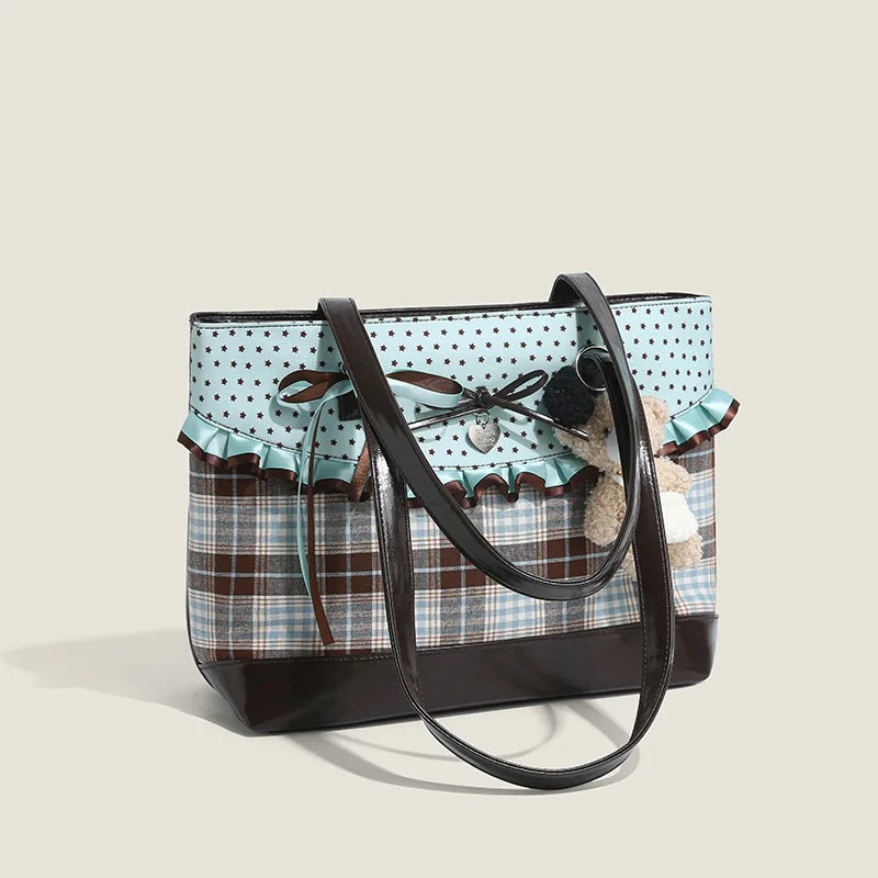 Korean Mint Green Chocolate Color Patchwork Handbag Plaid Canvas