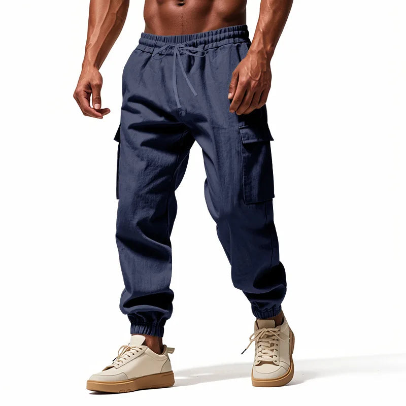 Men's casual multi-pocket trousers male closed-placket tethered cotton and linen