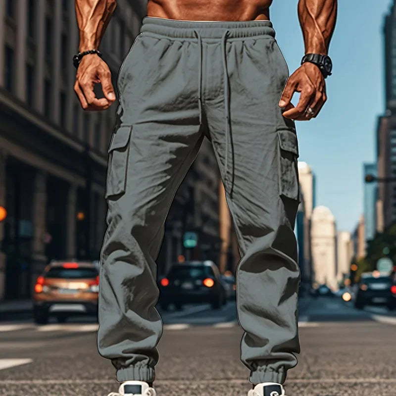 Men's casual multi-pocket trousers male closed-placket tethered cotton and linen