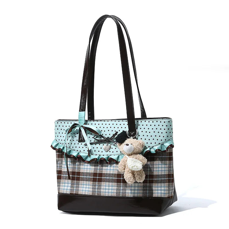 Korean Mint Green Chocolate Color Patchwork Handbag Plaid Canvas