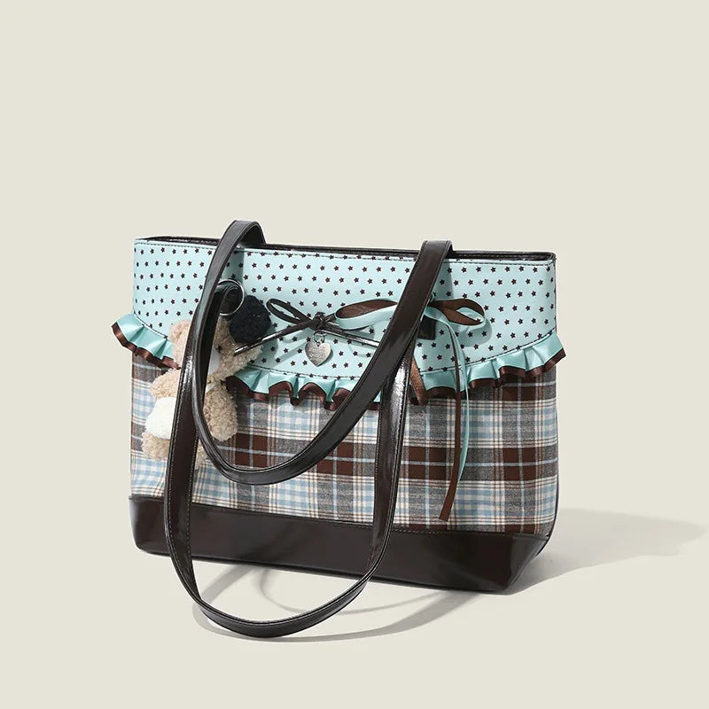 Korean Mint Green Chocolate Color Patchwork Handbag Plaid Canvas