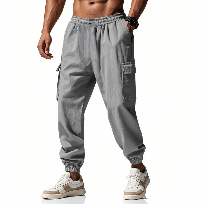 Men's casual multi-pocket trousers male closed-placket tethered cotton and linen