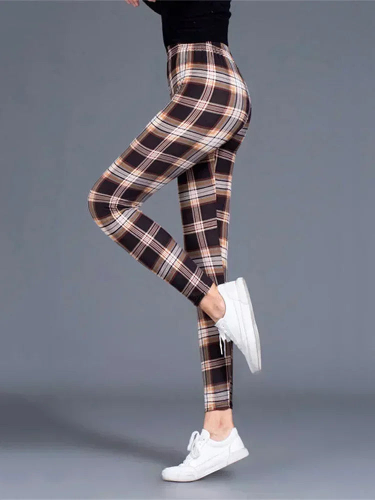 Women's Sexy Plaid Slim Leggings High Waist Elastic Fitness Camouflage Workout Fashion