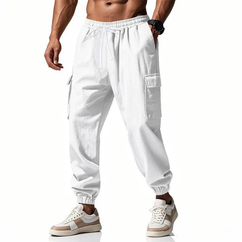 Men's casual multi-pocket trousers male closed-placket tethered cotton and linen